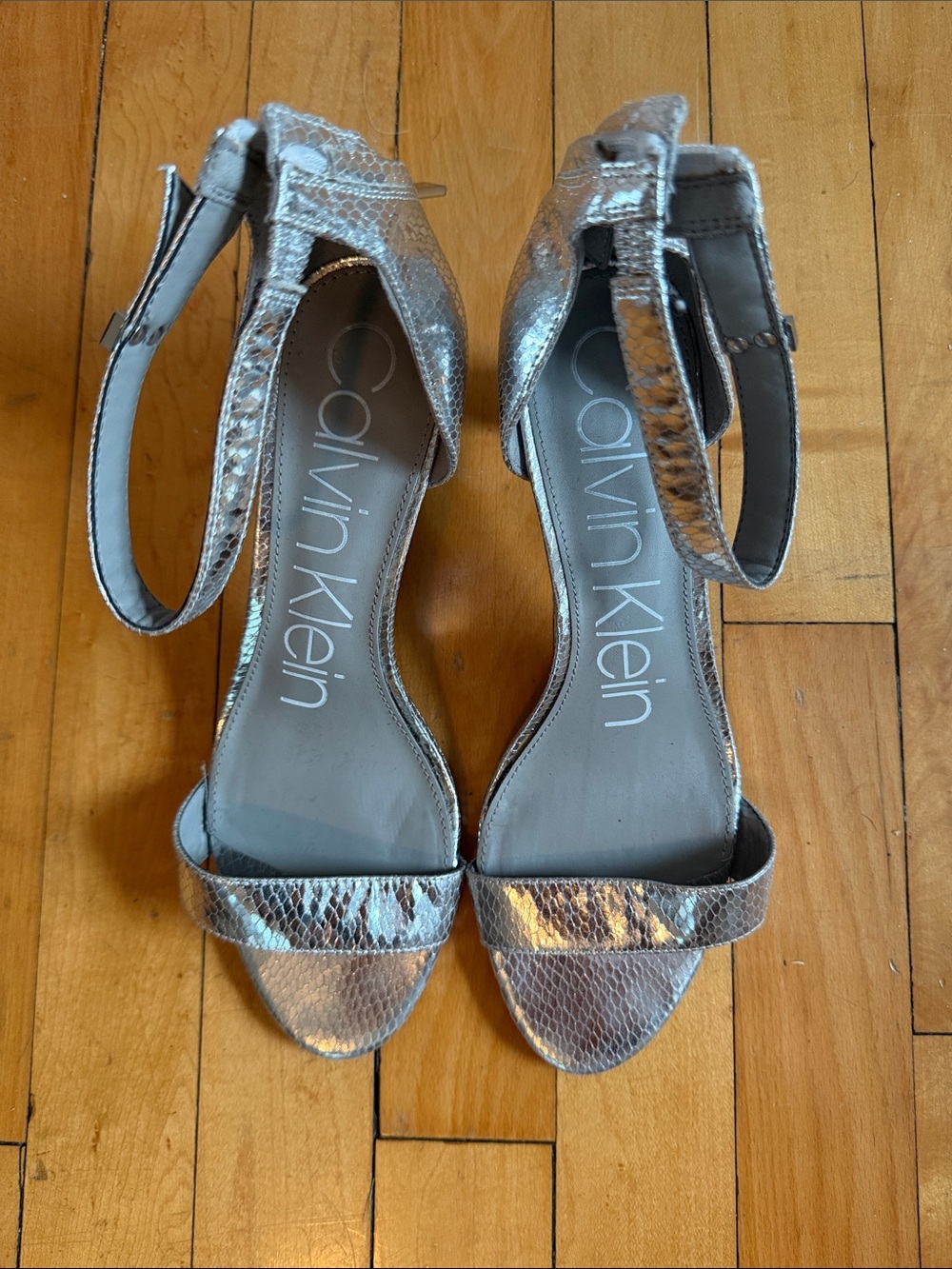 Calvin Klein Metallic Silver Snake-Print Ankle Strap Heels
